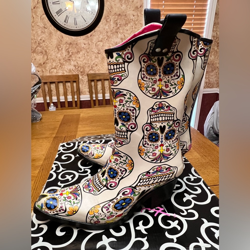 Blazon Roxx Sugar Skull Heeled Rain Boots Size 9